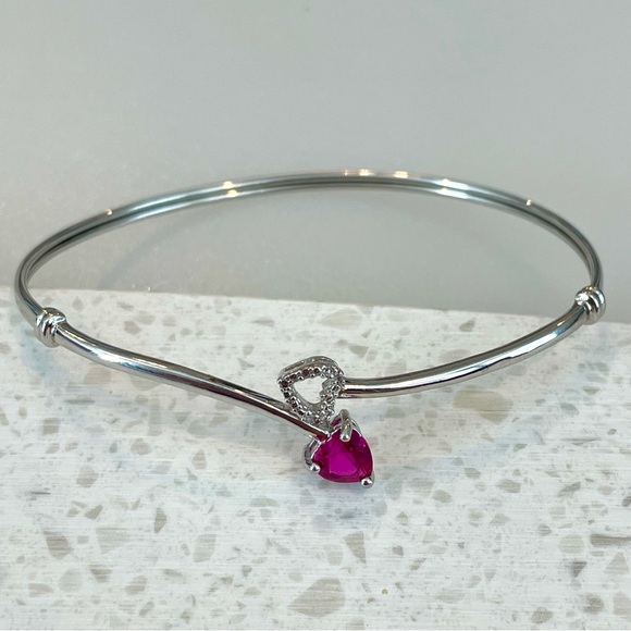 Genuine Diamond Pink Sapphire Gemstone Sterling Bangle Bracelet Heart Shaped - Picture 1 of 10